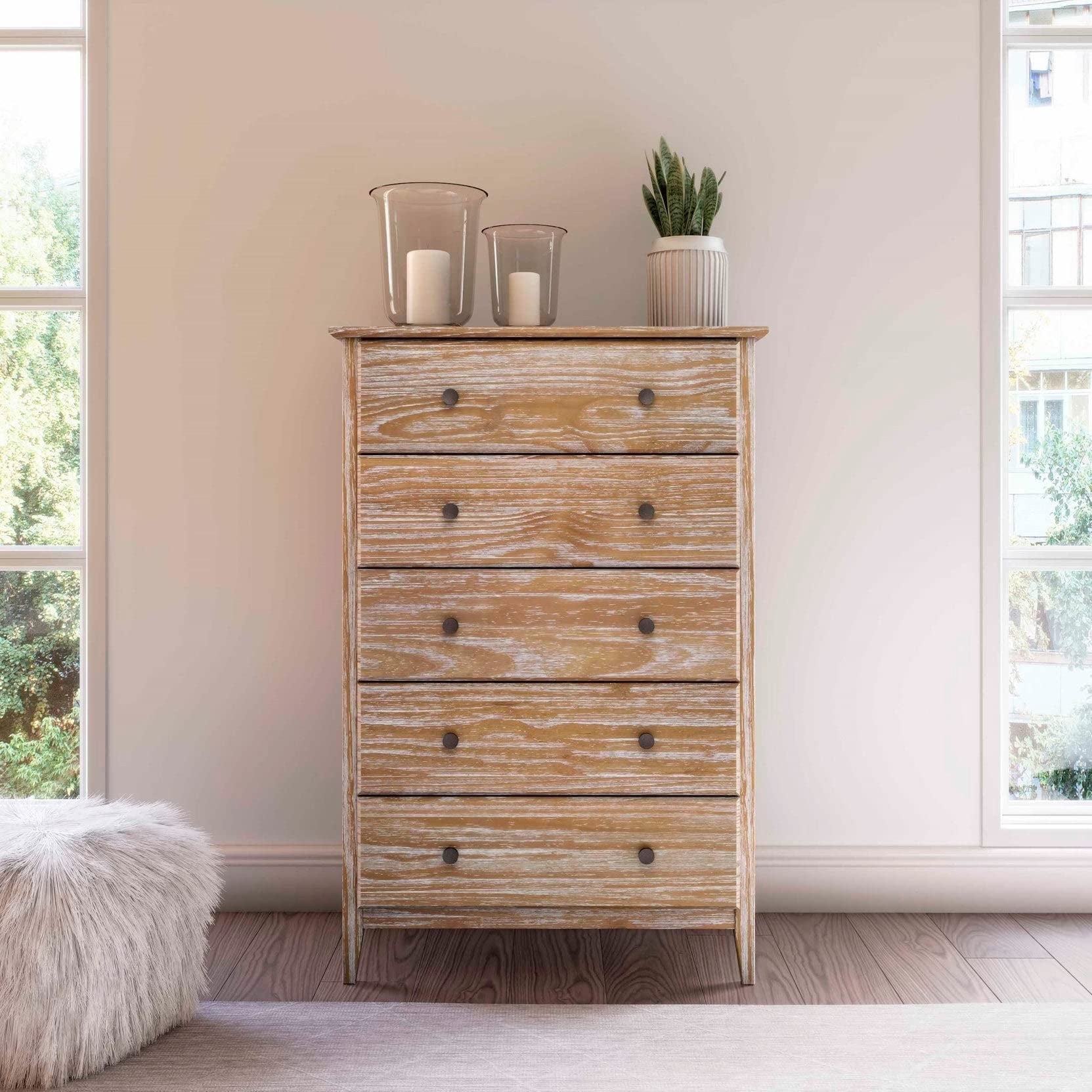 Brushed Driftwood Coastal Solid Pine 5-Drawer Chest