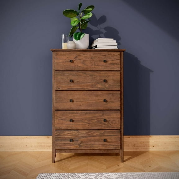 Grain Wood Furniture Greenport 5-Drawer Chest, Solid Wood with Brushed Walnut Finish