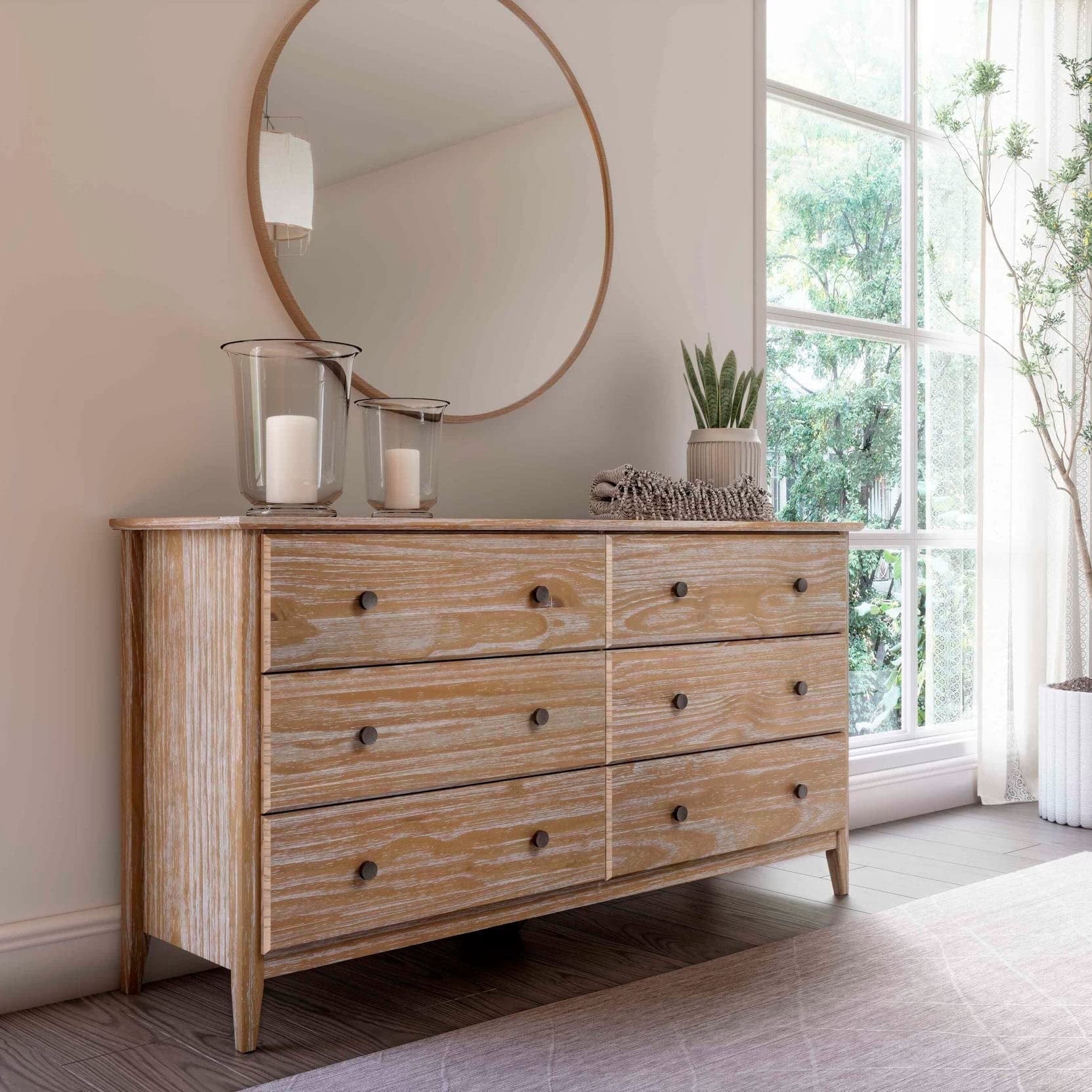 Grain Wood Furniture Greenport 6-Drawer Bedroom Dresser, Solid Wood with a Brushed Driftwood Finish