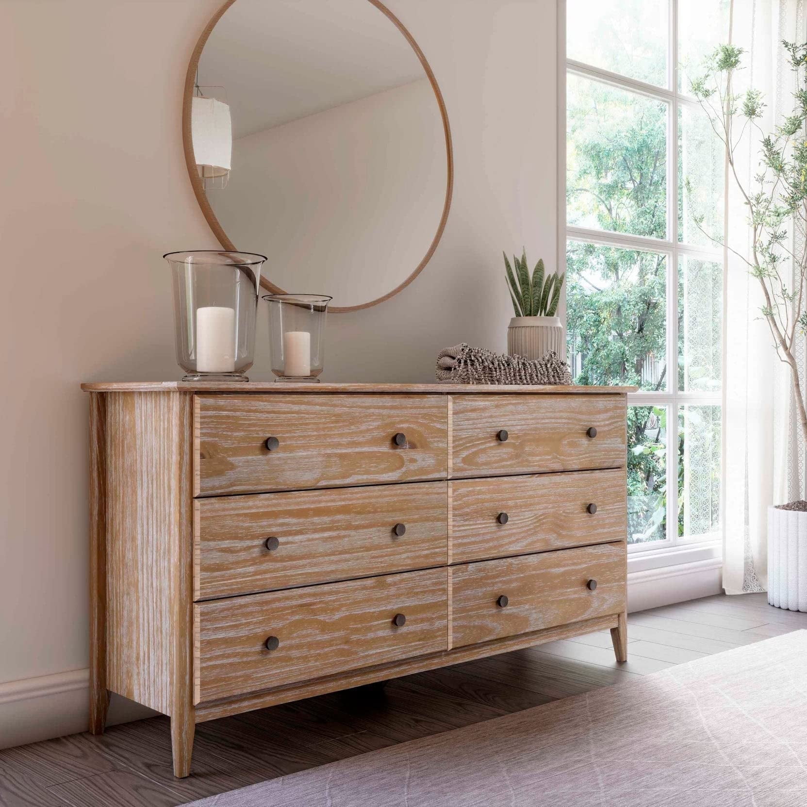 Brushed Driftwood Coastal 6-Drawer Solid Pine Dresser