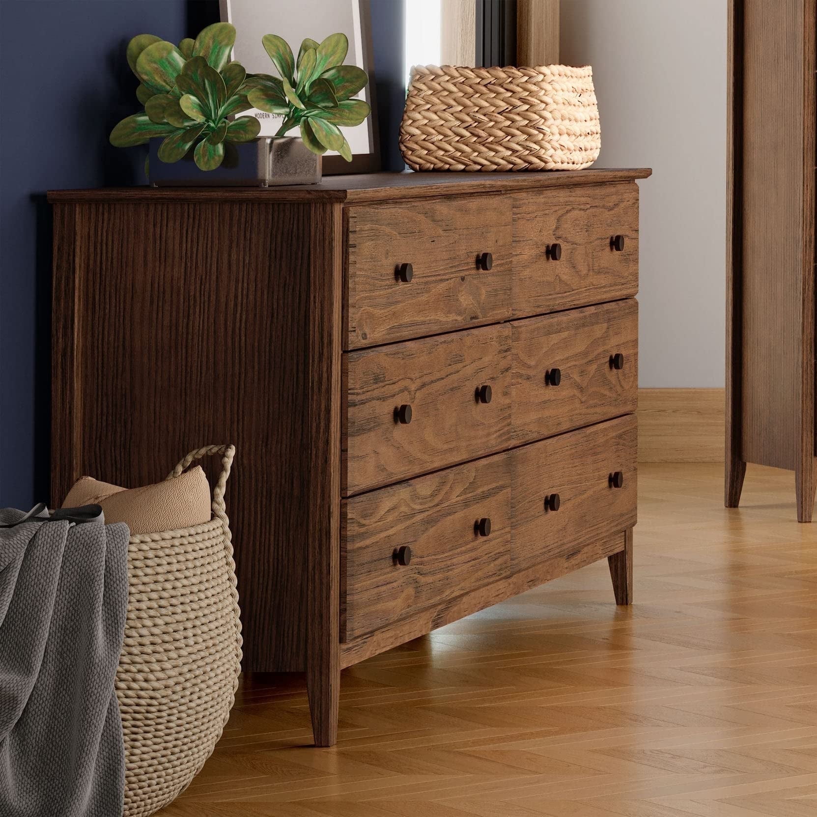 Brushed Walnut Coastal 6-Drawer Solid Wood Dresser