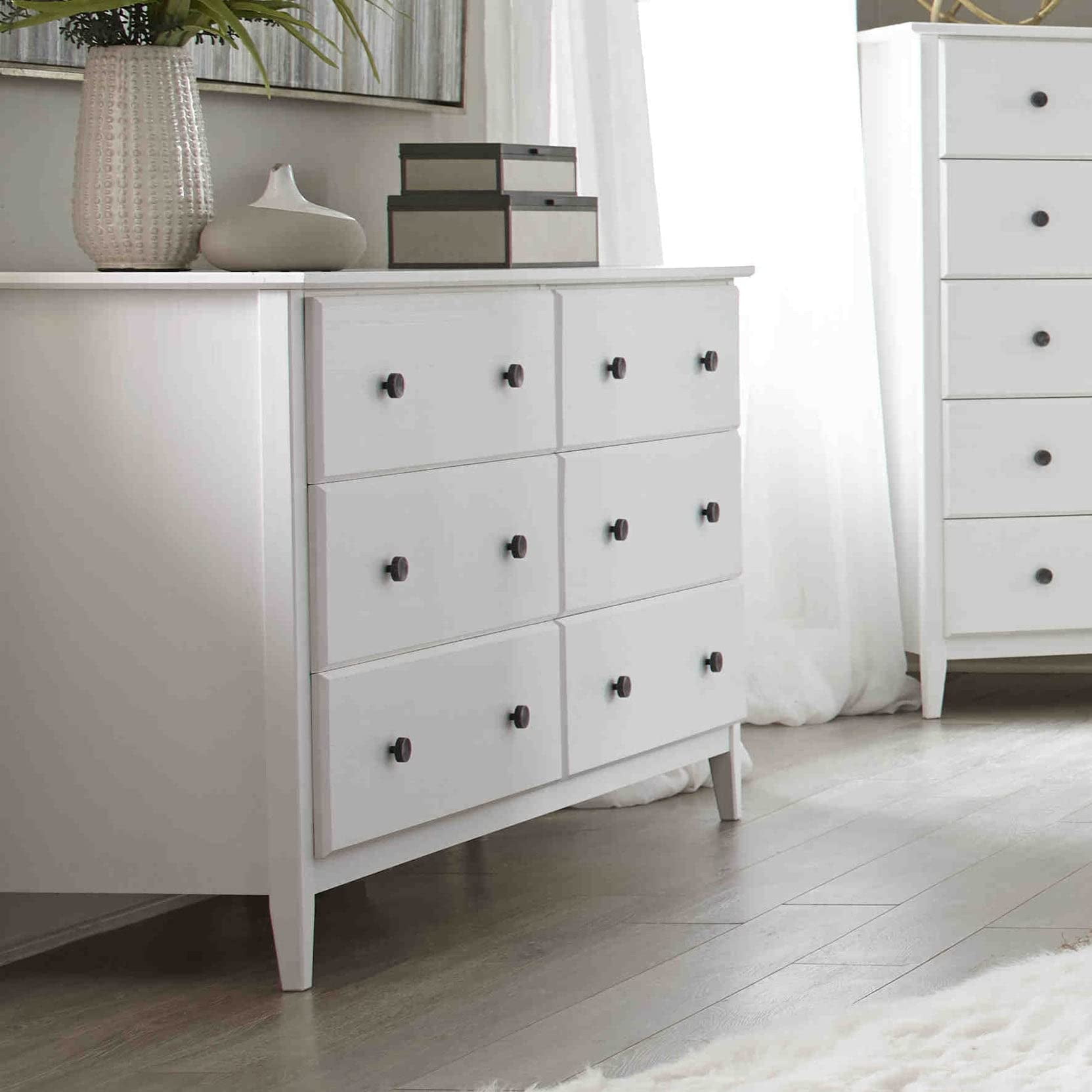 Brushed White Coastal Solid Pine 6-Drawer Dresser