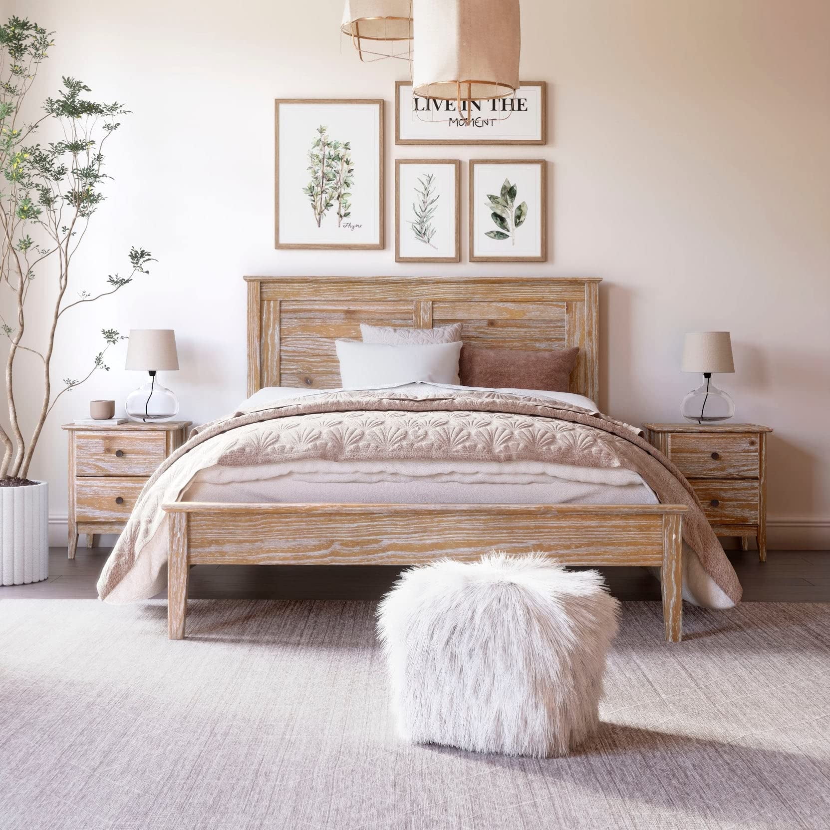 Brushed Driftwood Full Size Pine Wood Platform Bed with Headboard
