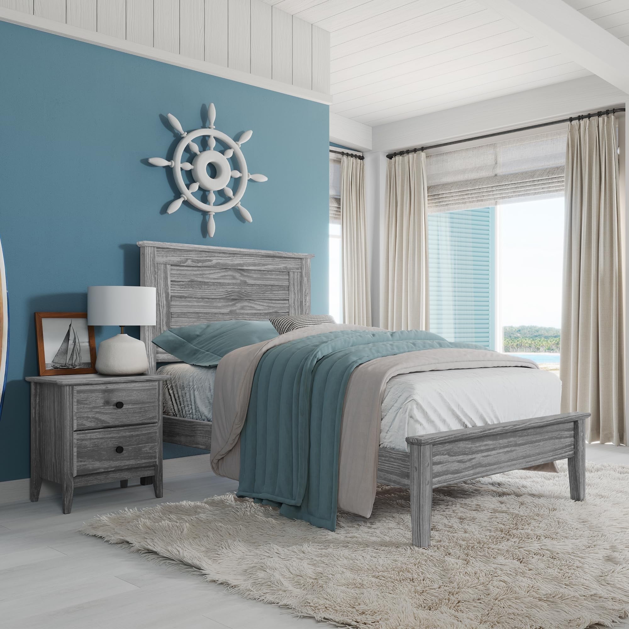 Brushed Grey Twin Pine Wood Platform Bed with Louvered Headboard