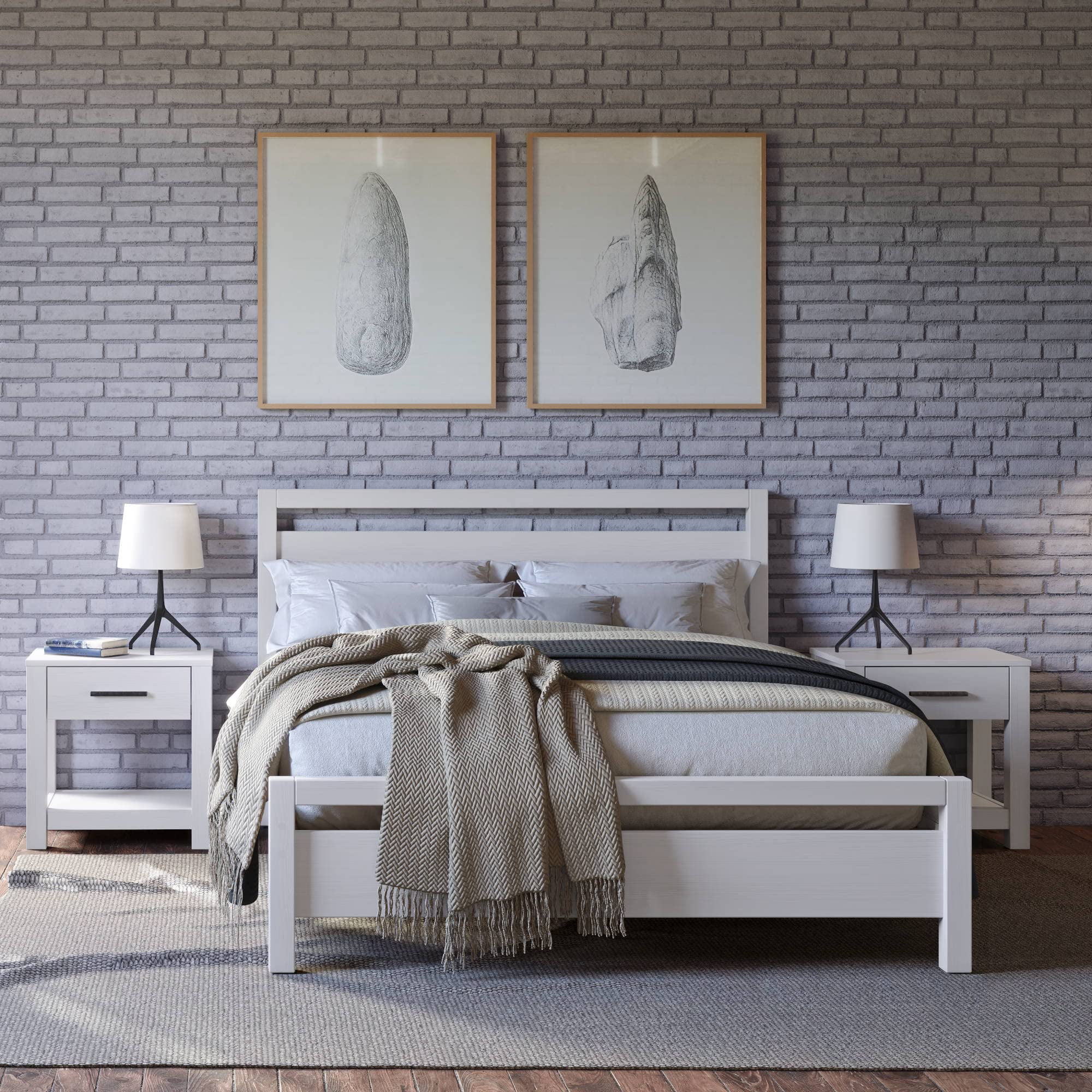 Loft Brushed White Solid Pine Wood Full Platform Bed with Slats