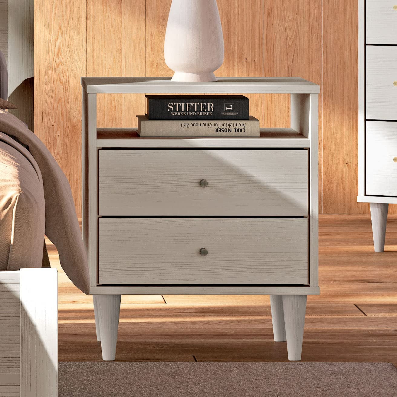 Brushed White Solid Wood Mid Century 2-Drawer Nightstand