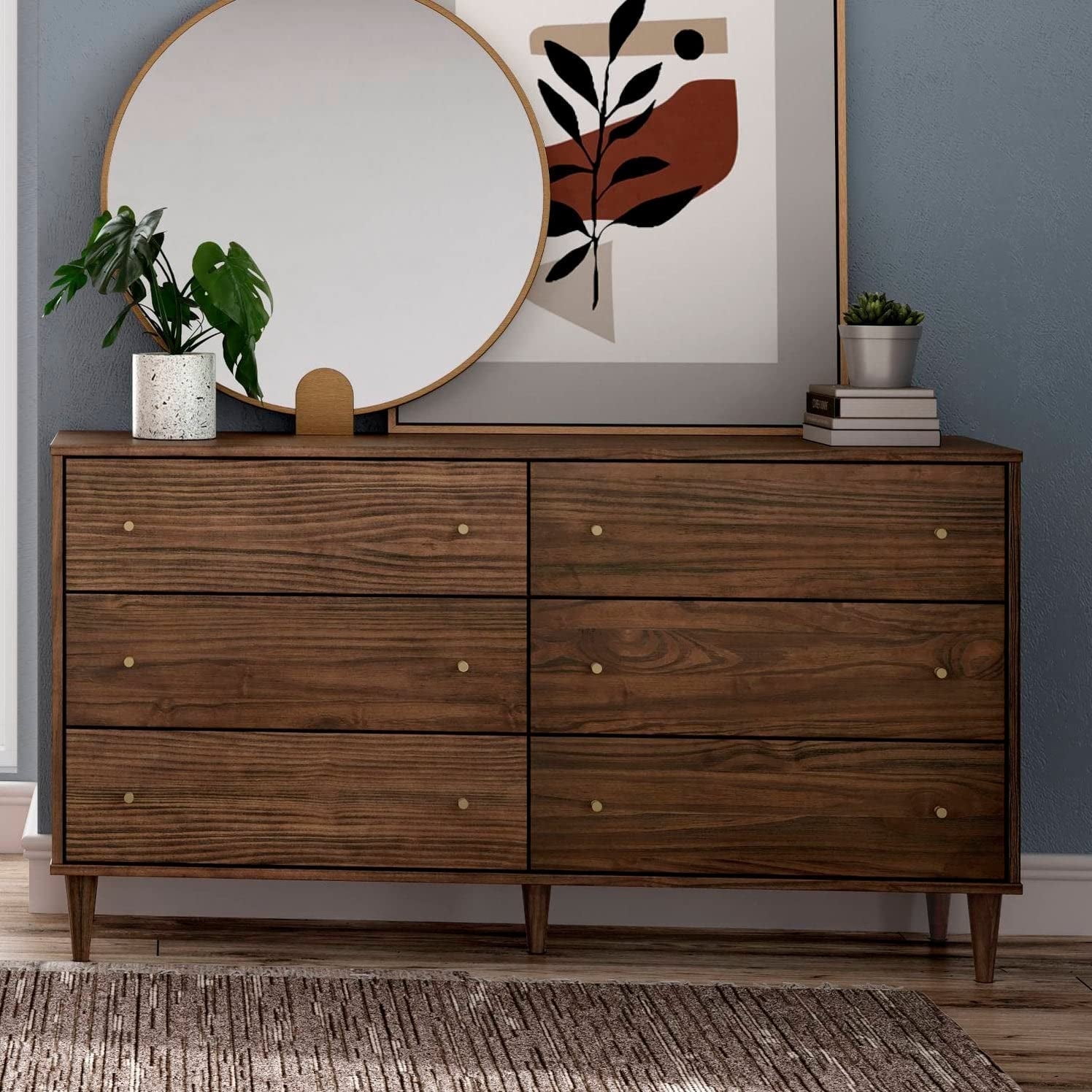 walmart mid century modern dresser JOINICE,Mid Century Modern Dresser,6 Large Wooden Drawers for Bedrooms,Living Room,Hallway,Cherry