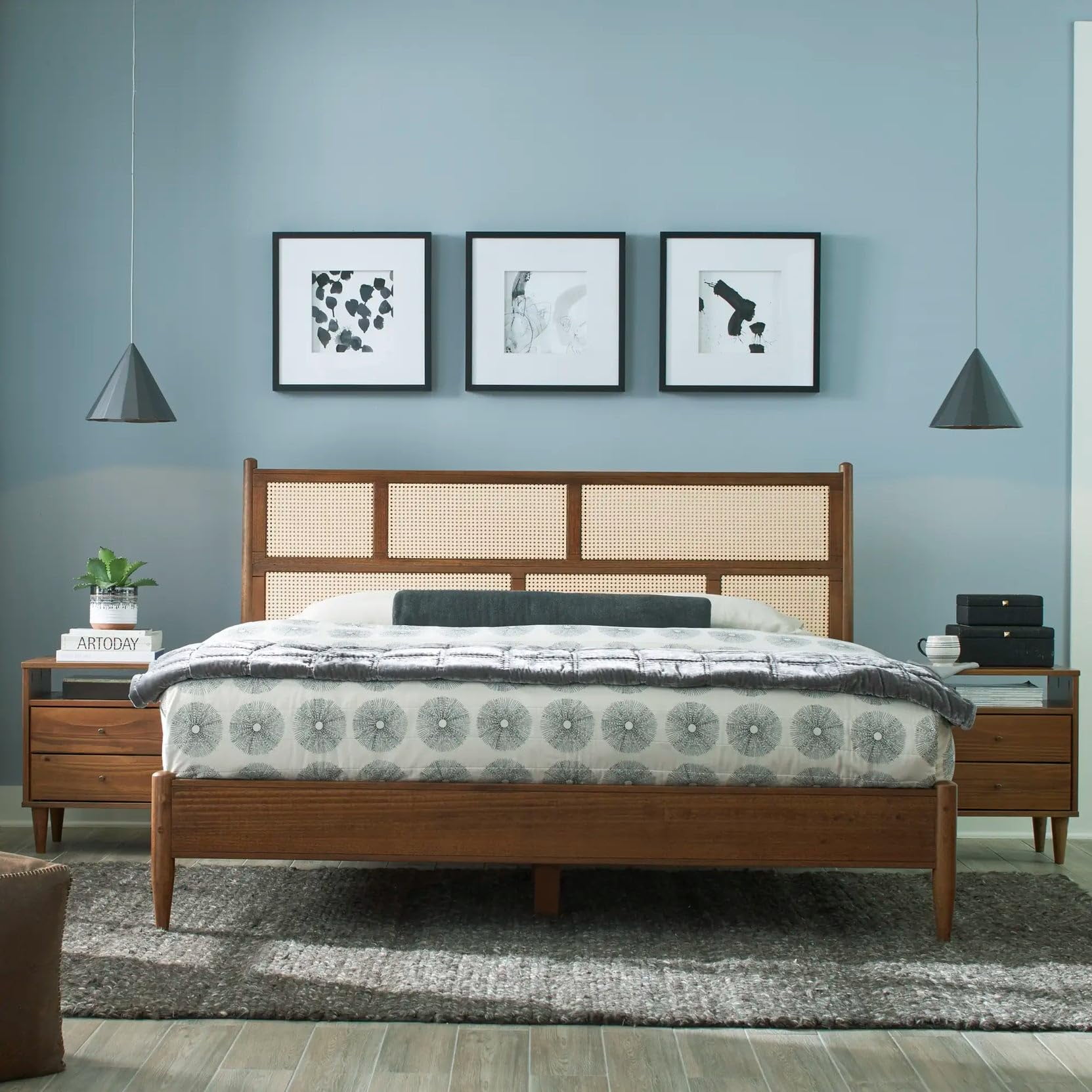 Queen Brushed Walnut Pine Wood Bed with Cane Headboard