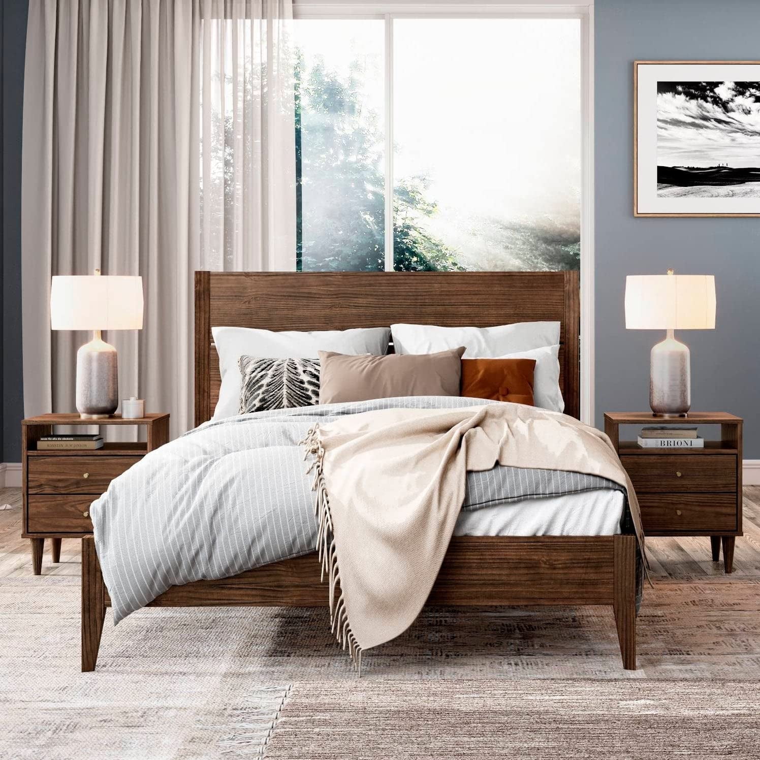 King Brushed Walnut Mid Century Wood Platform Bed