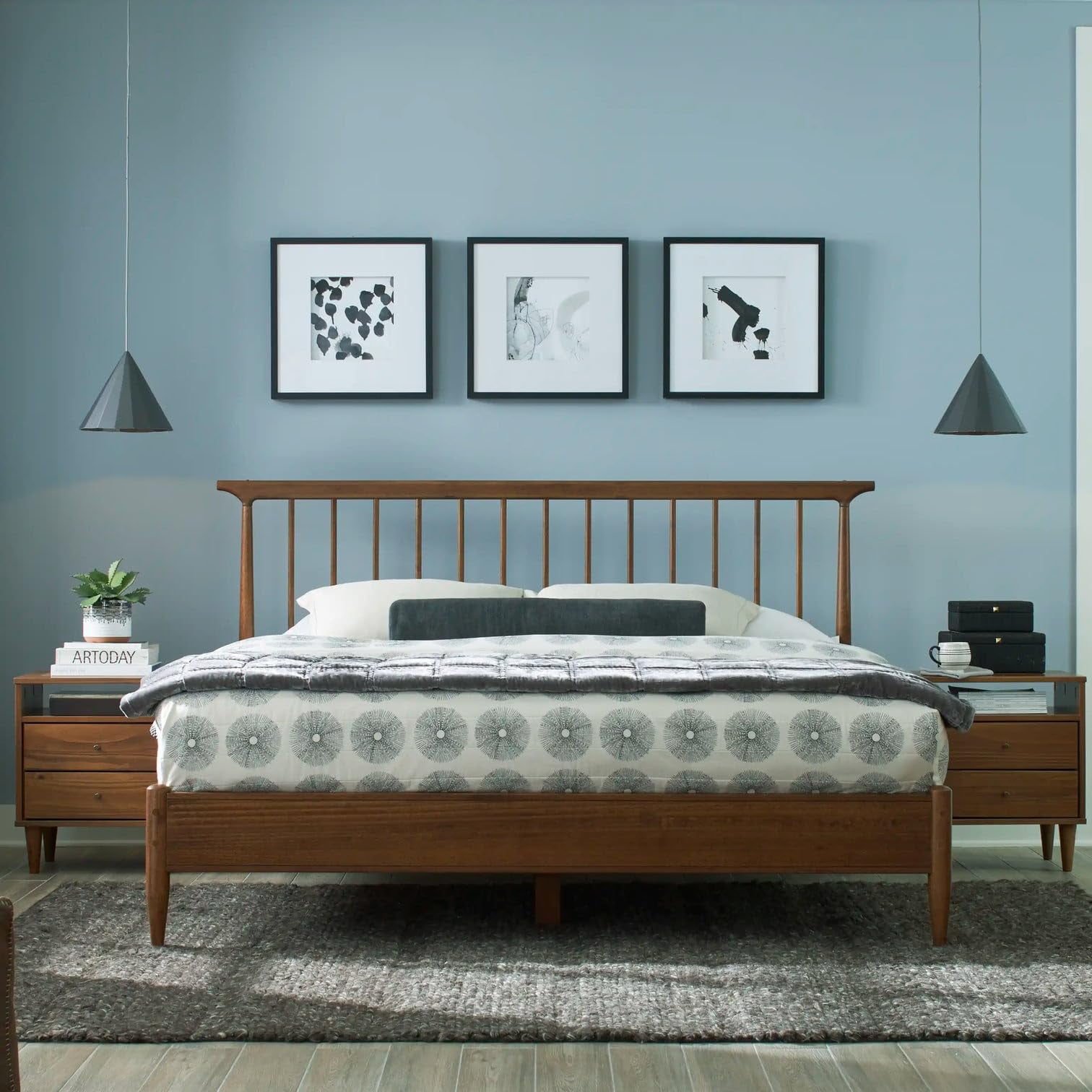 Queen Brushed Walnut Pine Wood Spindle Bed with Drawer