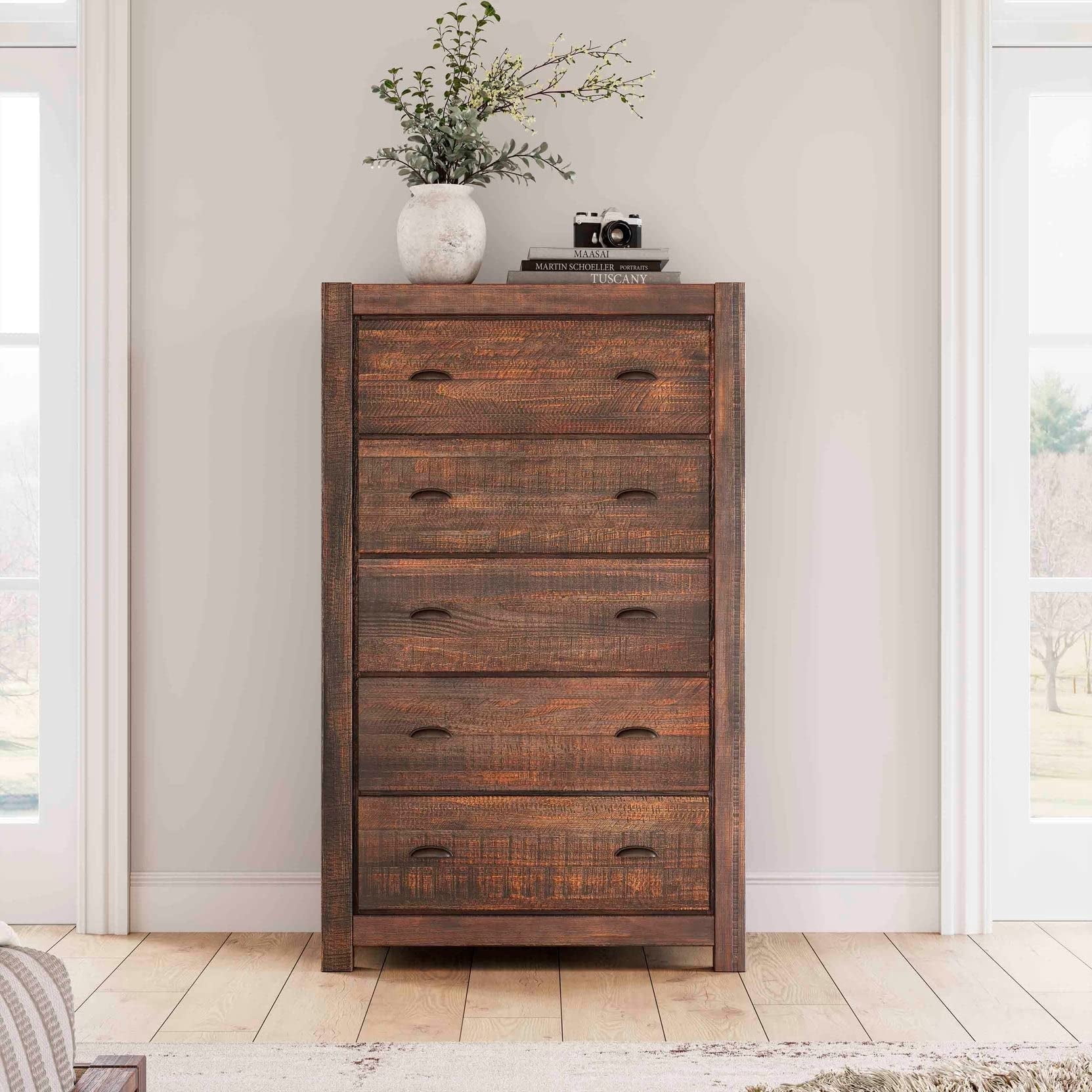 Rustic Walnut Solid Wood 5-Drawer Chest with Deep Drawers