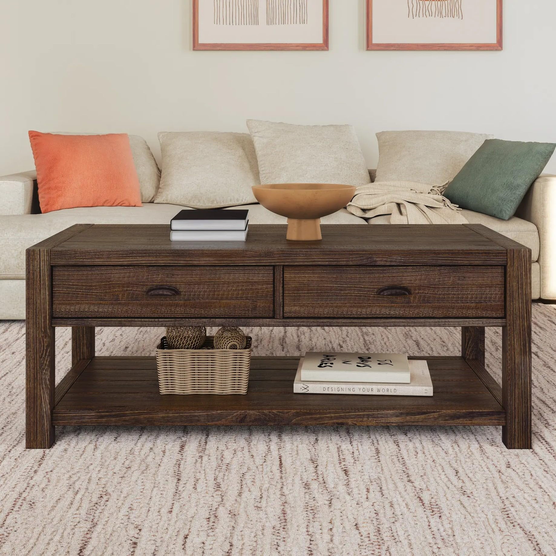 Rustic Walnut Solid Wood Coffee Table with Storage Drawers