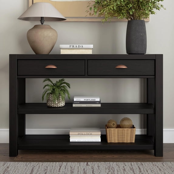 Grain Wood Furniture Montauk Console Table, Solid Wood with a Farmhouse Black Finish