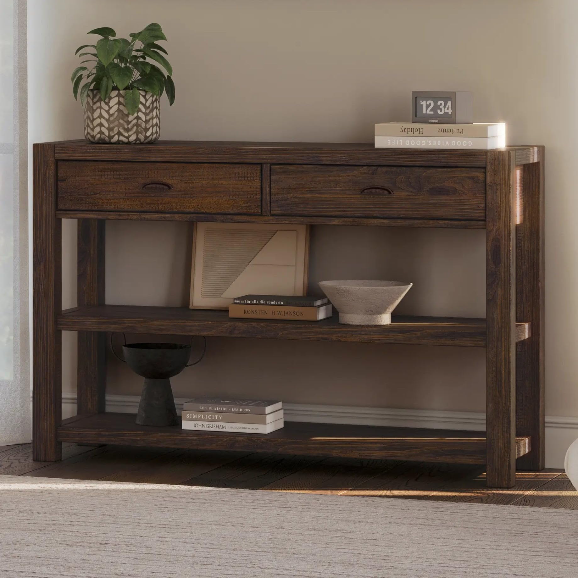 Rustic Walnut Solid Pine Wood Console Table with Storage