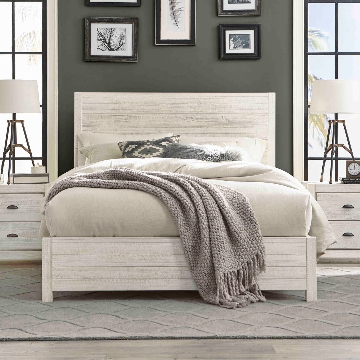 Rustic Off-White Solid Pine Wood Full Panel Bed