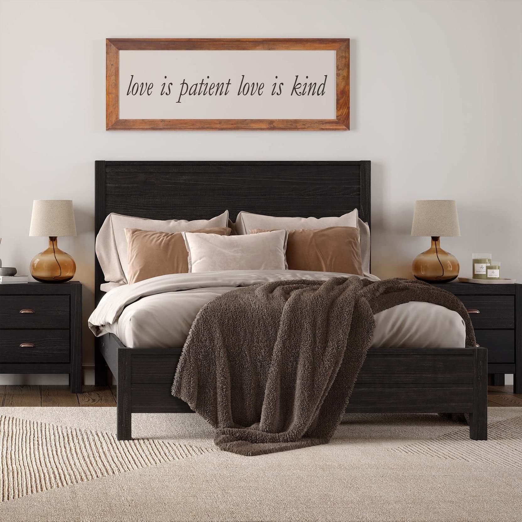 Twin Black Pine Wood Panel Bed with Headboard