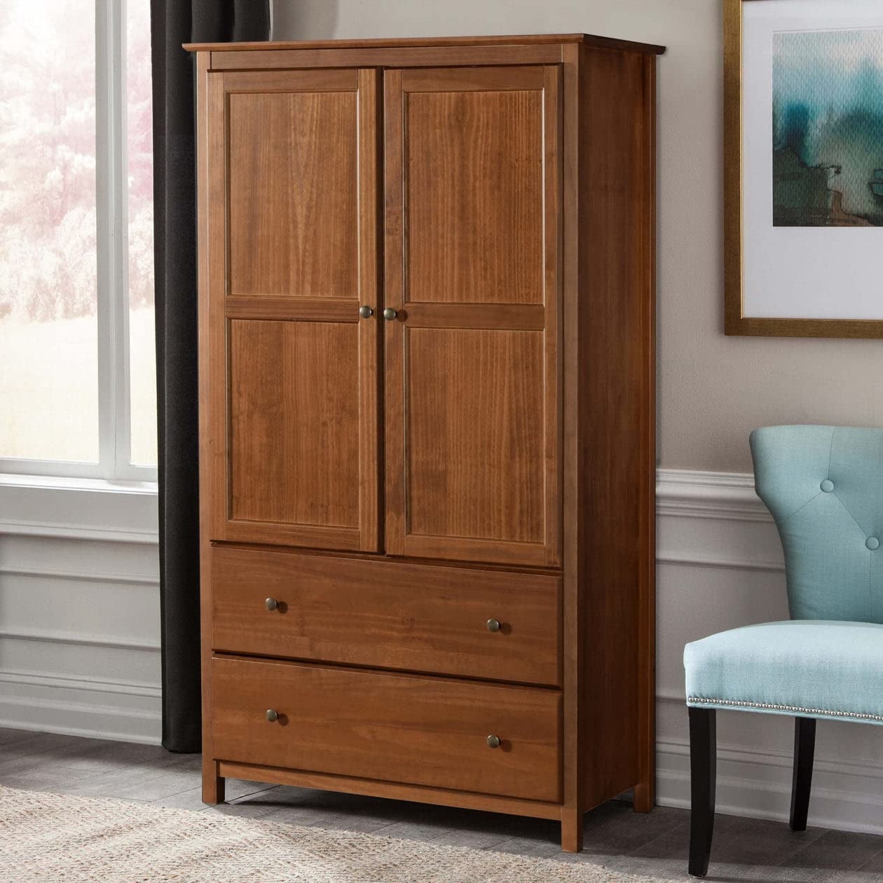 Grain Wood Furniture Shaker 2Door Solid Pine Wooden Armoire, Walnut