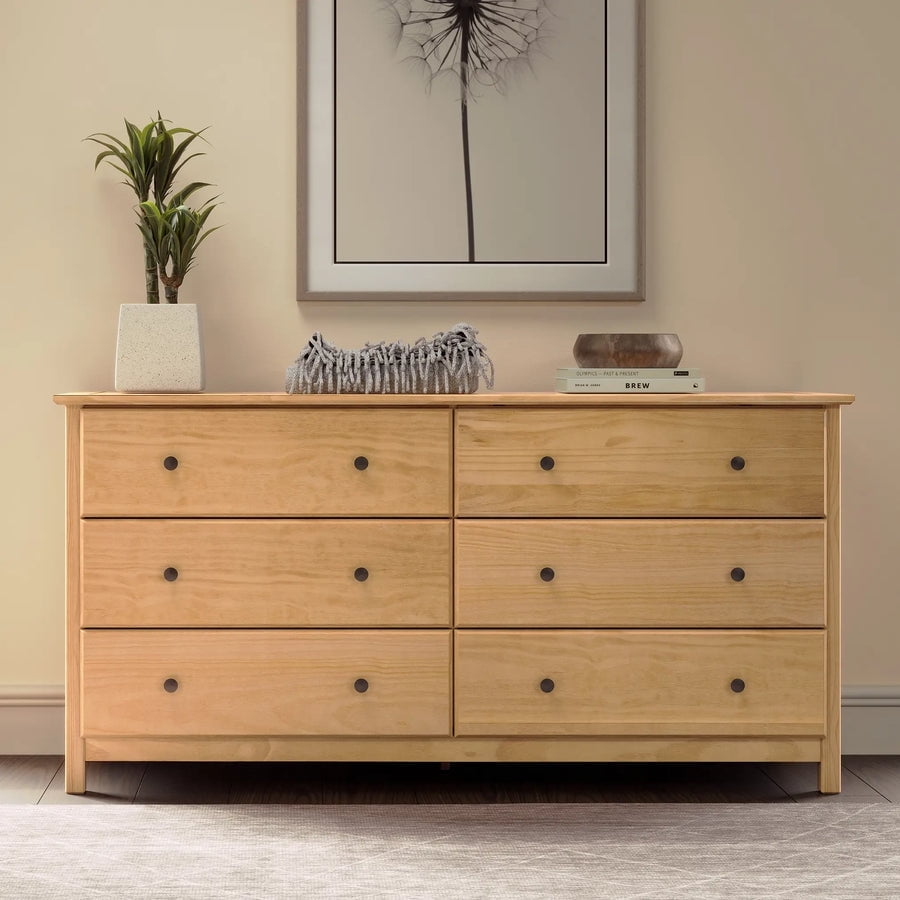 Natural Pine Wood Double Dresser with Deep Drawers