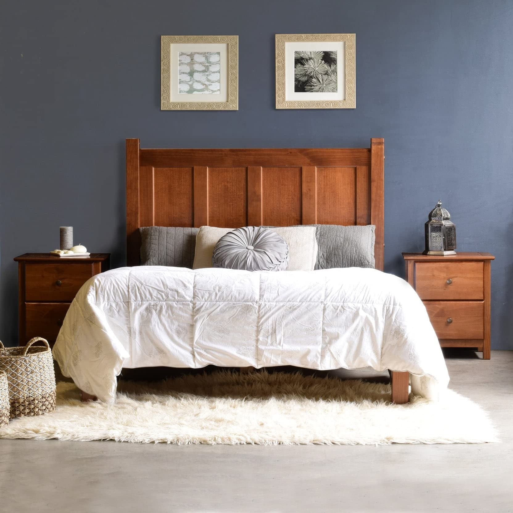 Walnut Full Size Pine Wood Panel Bed with Headboard and Drawer
