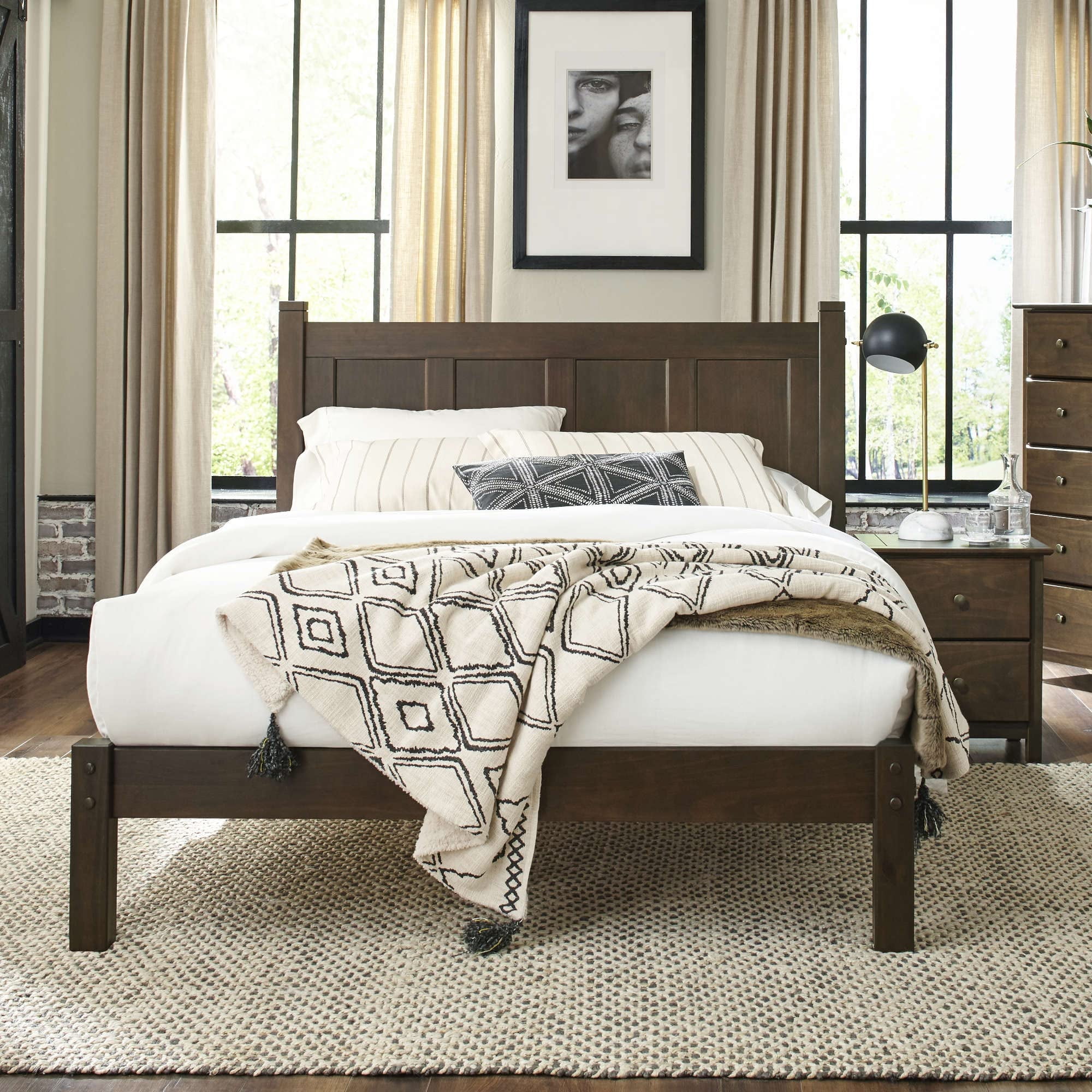 Espresso Twin Solid Pine Wood Platform Bed with Headboard
