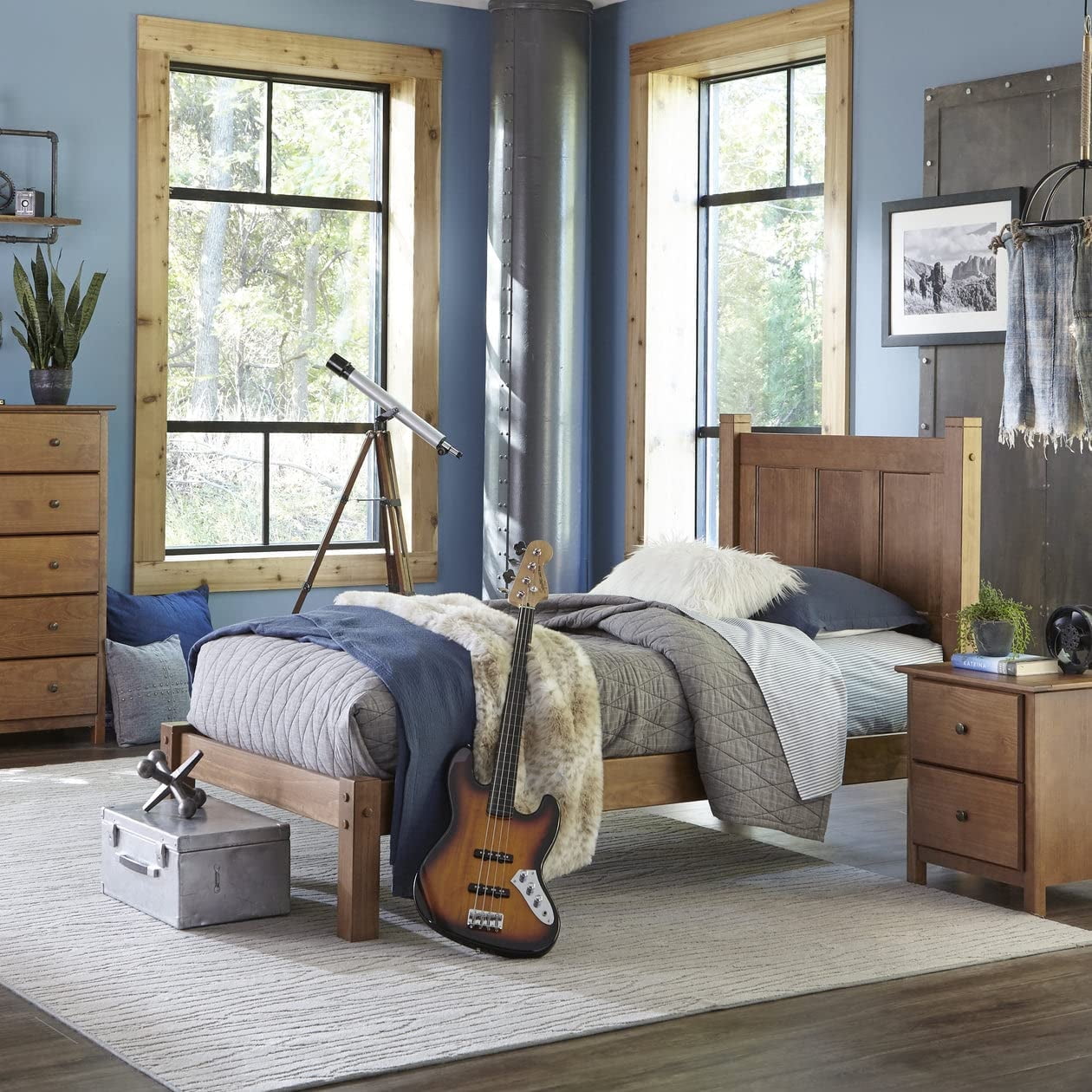 Walnut Twin Solid Pine Wood Platform Bed with Headboard