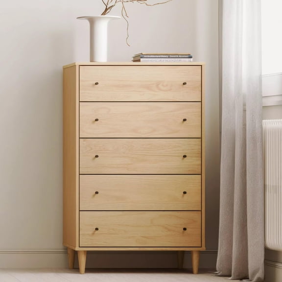 Grain Wood Furniture Solid Wood Mid Century 5-Drawer Chest, with a Brushed Natural finish