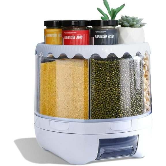 Grain and Rice Storage Container, 6 Grid Rotating Dispenser, Airtight Rice Storage
