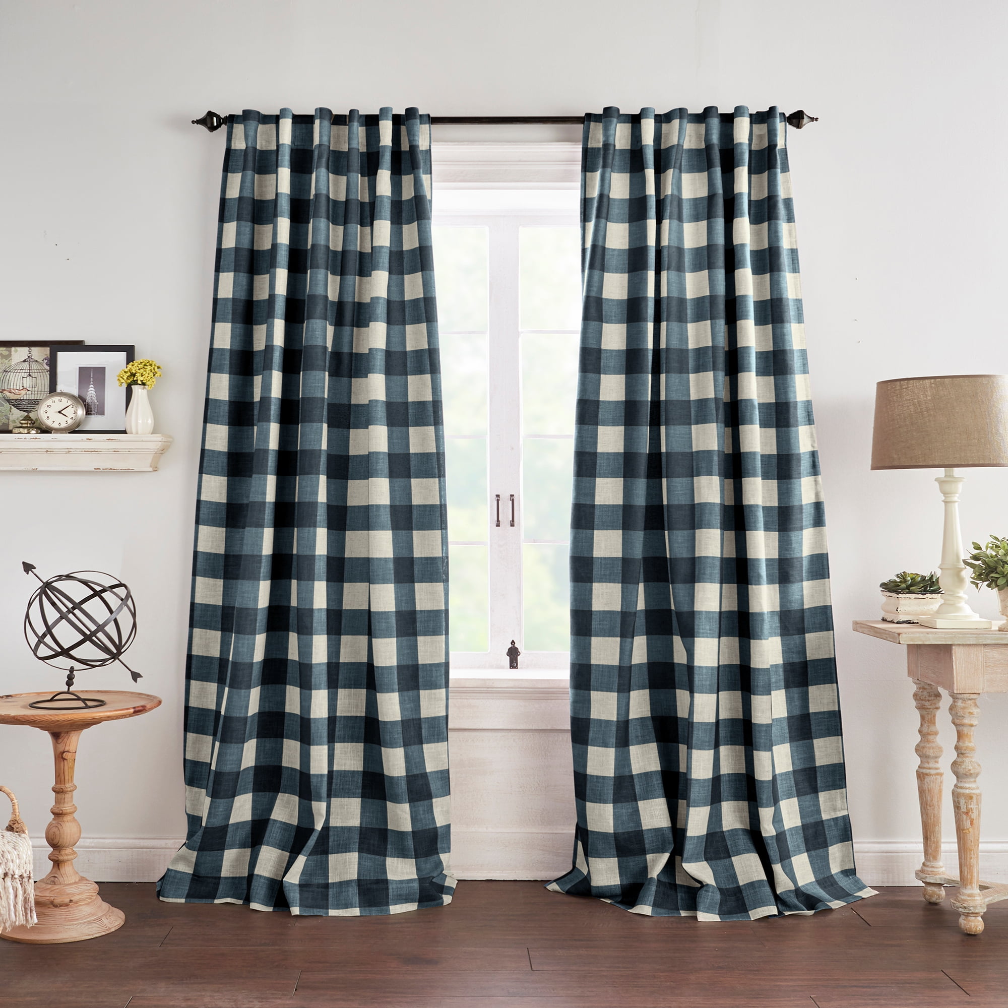 Indigo Buffalo Check Blackout Linen-Blend Window Panel
