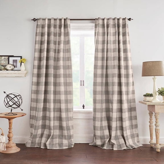 Grainger Gray Buffalo Check Poly-Linen 52 in. W x 95 in. L Blackout Single Panel Rod Pocket/Back Tab Curtain