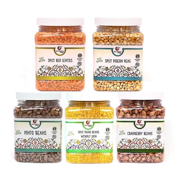 NY SPICE SHOP Grains & Legumes - 1.5 Lbs Jar - Cranberry Beans, Split Red Lentils, Split Mung Beans without Skin, Split Pigeon Peas, Pinto Beans