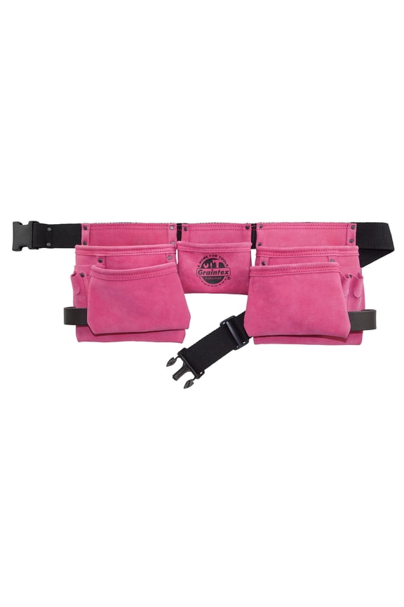 11 Pocket Work Apron Pink Color Suede Leather with 2 Webbing Belt, 2 Hammer Holders Loops for Constructors, Electricians, Plumbers, Handymen