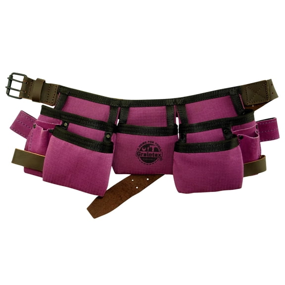 Graintex 9 Pocket Children Tool Belt, Ripstop Canvas Double Layered, Leather Trim, Kids Real Tool Belt, Boys and Girls Tool Apron for Home Improvement, 1.1/2" Leather Belt, Hammer Loops (Purple)