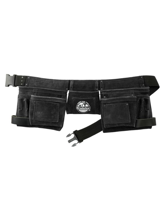 DS2312 11 Pocket Black Color Suede Leather Tool Belt/Tool Bag/Work Apron, 2 Hammer Loops, Adjustable Belt | Construction, Carpenter, Roofing, Drywall, Electrician, Gardening, DIY