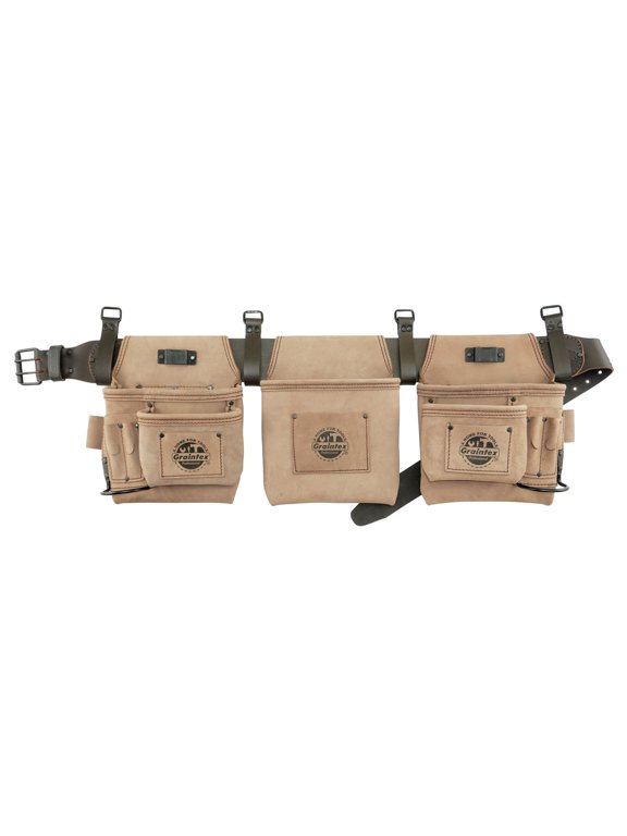DT2545 14 Pocket Framers Tool Belt Beige Top Grain Leather with 2.3/4 Leather Belt for Constructors, Electricians, Plumbers, Handymen