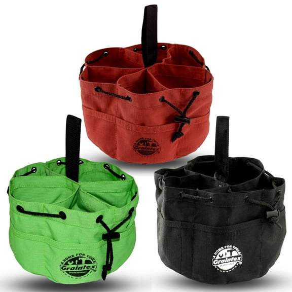 Graintex GB2855 18 Pockets Grab Bags Set of 3 Pcs Rust, Black and Lime Green Color Rip-stop Canvas Drawstring Closure, Small Parts Organizer Bag, Parachute Canvas Bag for Screws