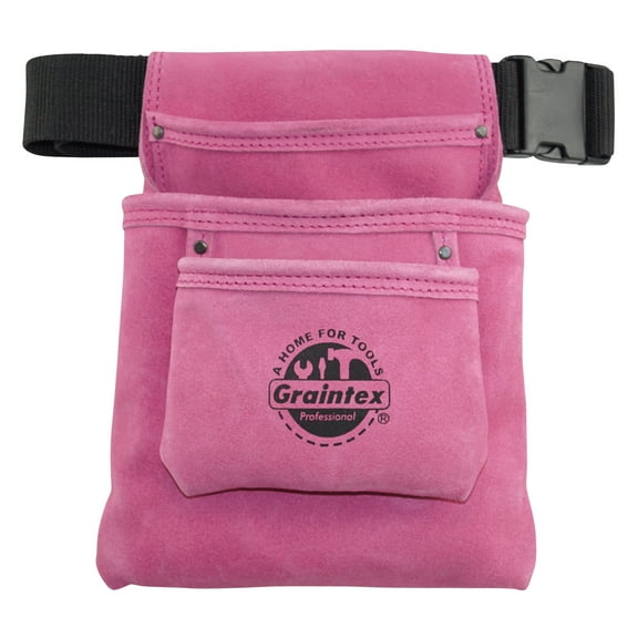 Graintex SS2033 3 Pocket Nail & Tool Pouch Pink Color Suede Leather with 2 Webbing Belt for Constructors, Electricians, Plumbers, Handymen