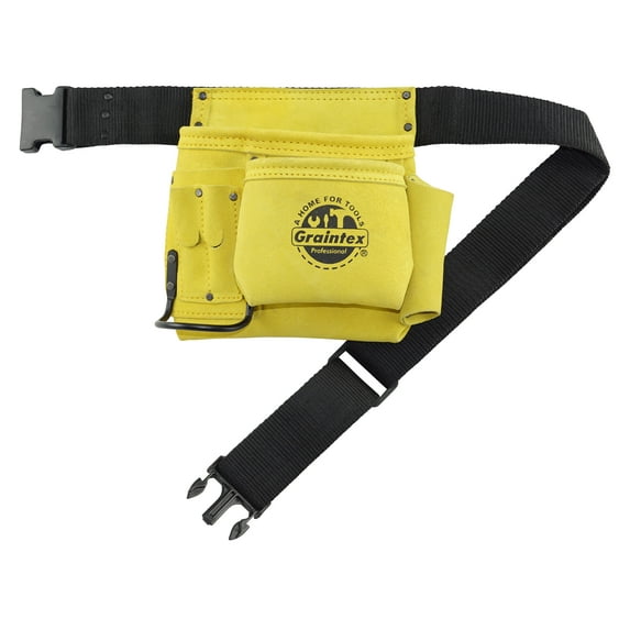 Graintex SS2079 5 Pocket Nail & Tool Pouch Yellow Color Suede Leather with 2” Webbing Belt for Constructors, Electricians, Plumbers, Handymen