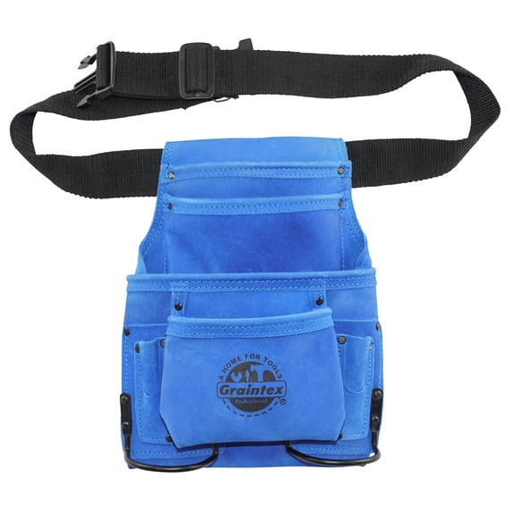 Graintex SS2132 10 Pocket Nail & Tool Pouch Blue Color Suede Leather with 2” Webbing Belt for Constructors, Electricians, Plumbers, Handymen