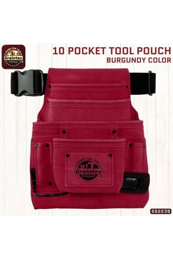 SS2238 :: 10 POCKET NAIL & TOOL POUCH BURGUNDY COLOR SUEDE LEATHER WITH BELT