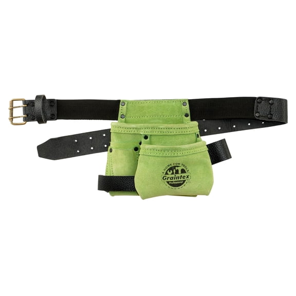 Graintex SS2463 4 Pocket Children Tool Pouch Lime Green Color Suede Leather with Leather Belt and Hammer Loop