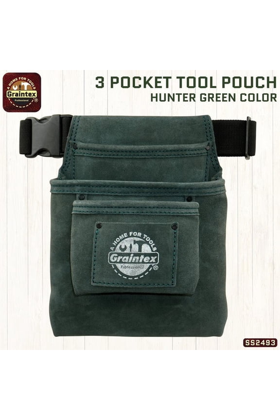 SS2493 :: 3 POCKET NAIL & TOOL POUCH HUNTER GREEN COLOR SUEDE LEATHER WITH BELT