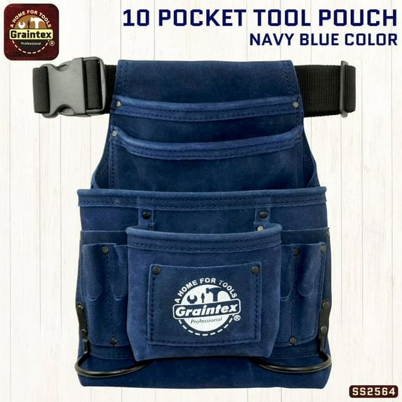 Graintex SS2564 :: 10 POCKET NAIL & TOOL POUCH NAVY BLUE COLOR SUEDE LEATHER WITH BELT