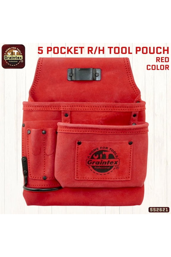 SS2621 :: 5 POCKET RIGHT HANDED NAIL & TOOL POUCH RED COLOR SUEDE LEATHER