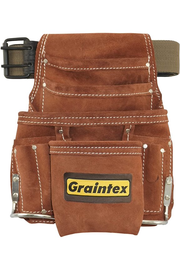SS2976 10 Pocket Nail & Tool Pouch Brown Color Suede Leather with 2? Leather/Webbing Belt for Constructors, Electricians, Plumbers, Handymen