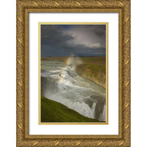 Grall, Don 11x14 Gold Ornate Wood Framed with Double Matting Museum Art Print Titled - Iceland A rainbow arcs over Gullfoss falls