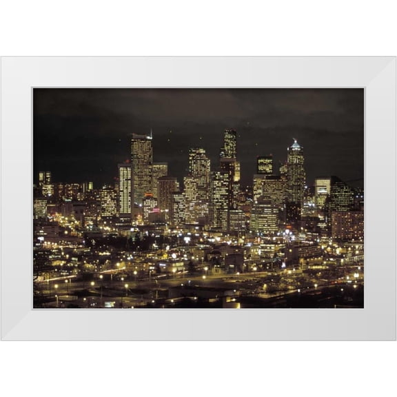 Grall, Don 14x11 White Modern Wood Framed Museum Art Print Titled - Washington, Seattle Night skyline of downtown