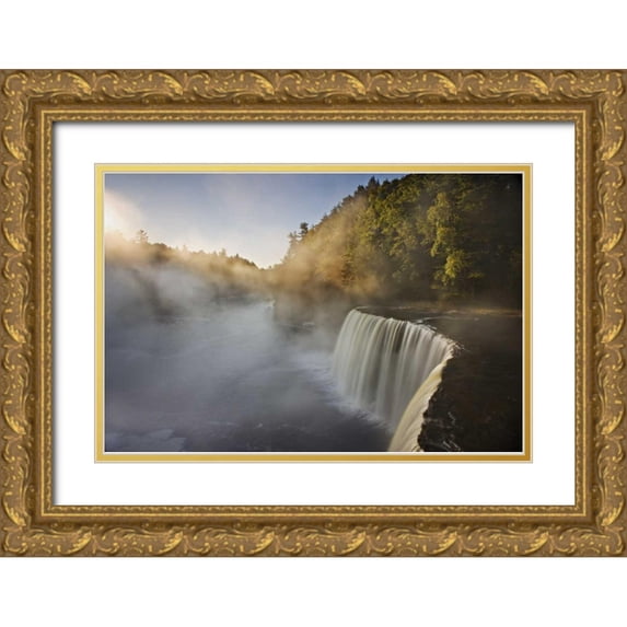 Grall, Don 18x13 Gold Ornate Wood Framed with Double Matting Museum Art Print Titled - Michigan Autumn sunrise on Tahquamenon Falls