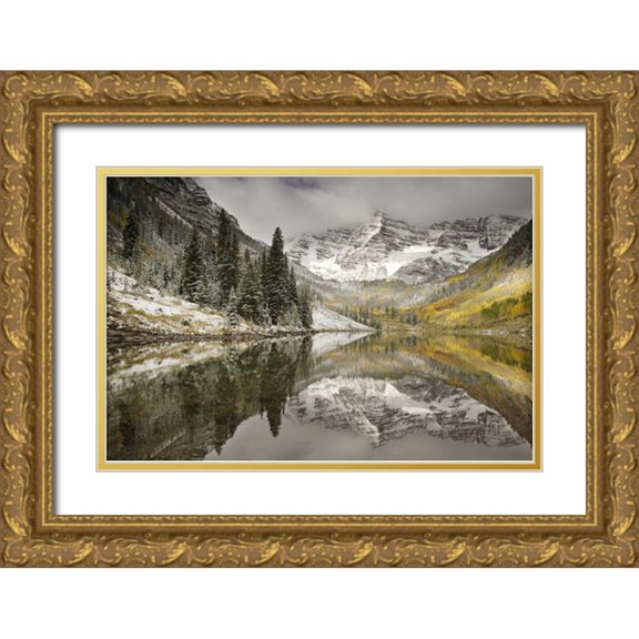 Grall, Don 24x17 Gold Ornate Wood Framed with Double Matting Museum Art Print Titled - CO, White River NF, Morning on Maroon Bells peaks