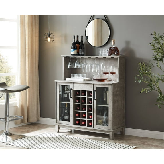 Gramercy Way Bar Cabinet with Wine Rack and Glass Doors in Concrete Finish
