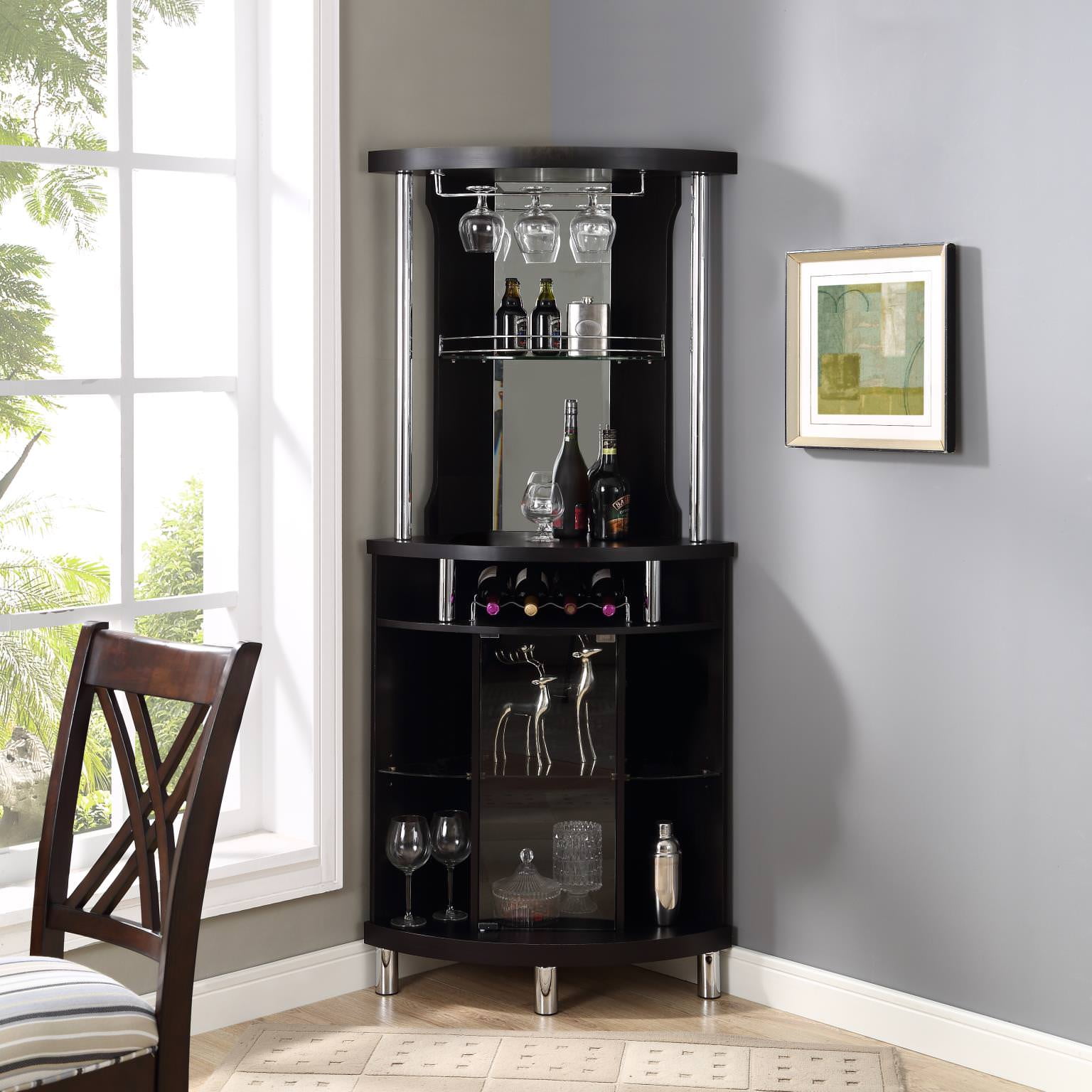 Gramercy Way Black Corner Bar with Built in Wine Rack and Lower Cabinet